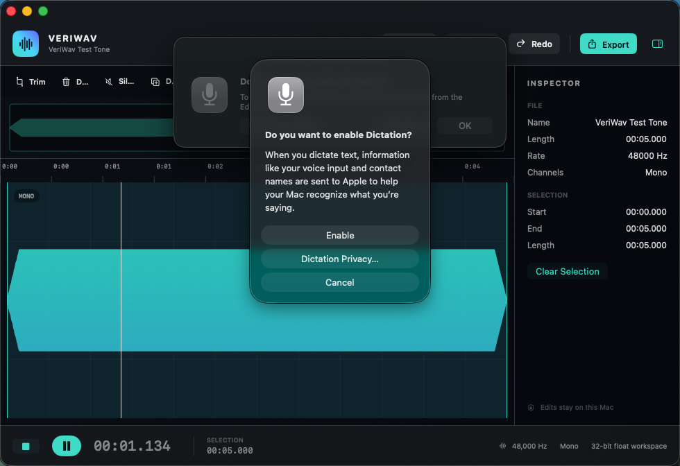 VeriWav showing a detailed audio waveform, selection controls, editing tools, and file inspector on macOS.